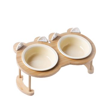 Cat Ceramic Bowl With Tilted Bamboo Stand