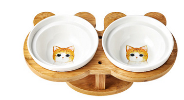 Wooden Stand Ceramic Cat Bowl