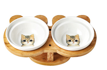 Wooden Stand Ceramic Cat Bowl